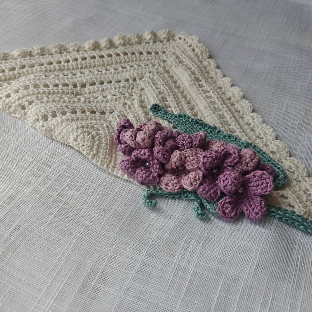 Crochet Bandana Handmade Summer Floral Lilac Flowers 100% Organic Cotton - Picture 4 of 8